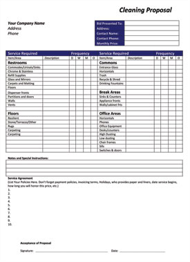 What information is included on free cleaning proposal forms?